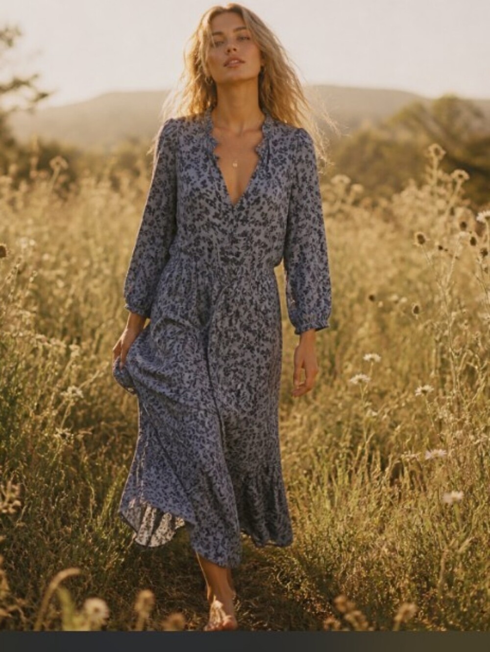 Lucky Brand Blue Floral V-Neck Maxi Dress